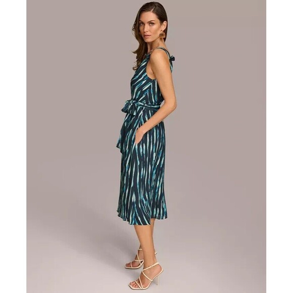 Donna Karan New York Women's Printed Belted A-Line Dress Teal Navy Midi Dress 12 - Picture 5 of 11